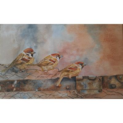 Mussen Op Hek 2 45x30 Verkocht