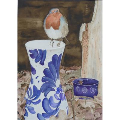 Roodborstje Op Vaas 2 30x41